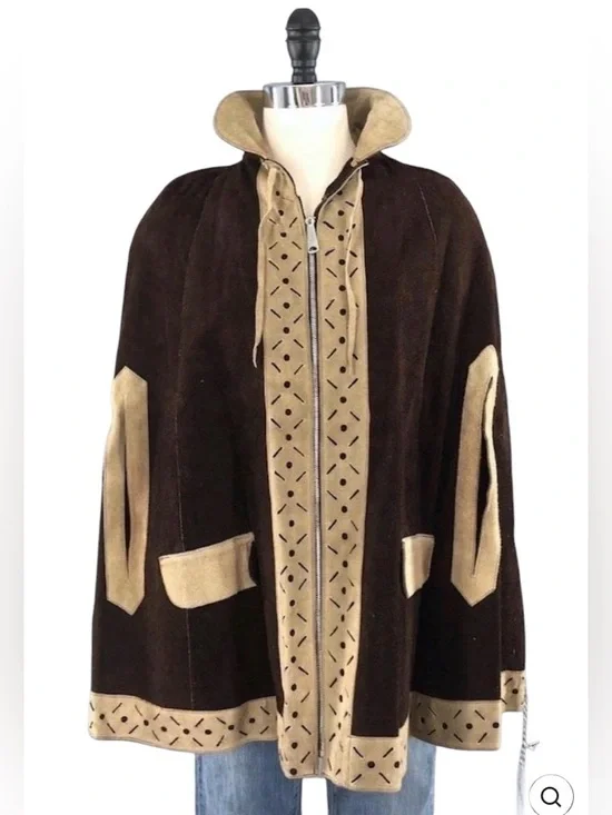 Vintage Leather Cape Poncho Hippie Jacket Size OS Tan Brown Zipper Front Western - Picture 2 of 13